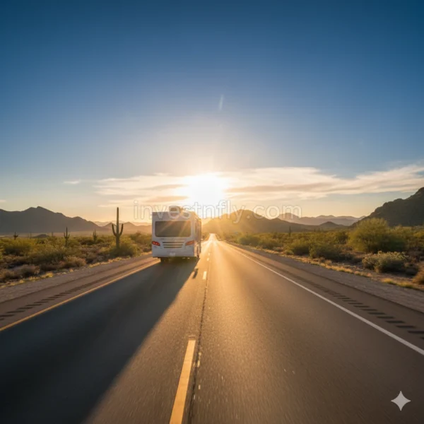 Motorhome driving on U.S. highway during sunset – 1 Day Motorhome Insurance USA