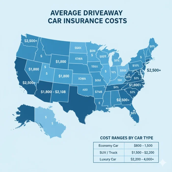 Infographic showing driveaway insurance cost in the USA by vehicle type and duration