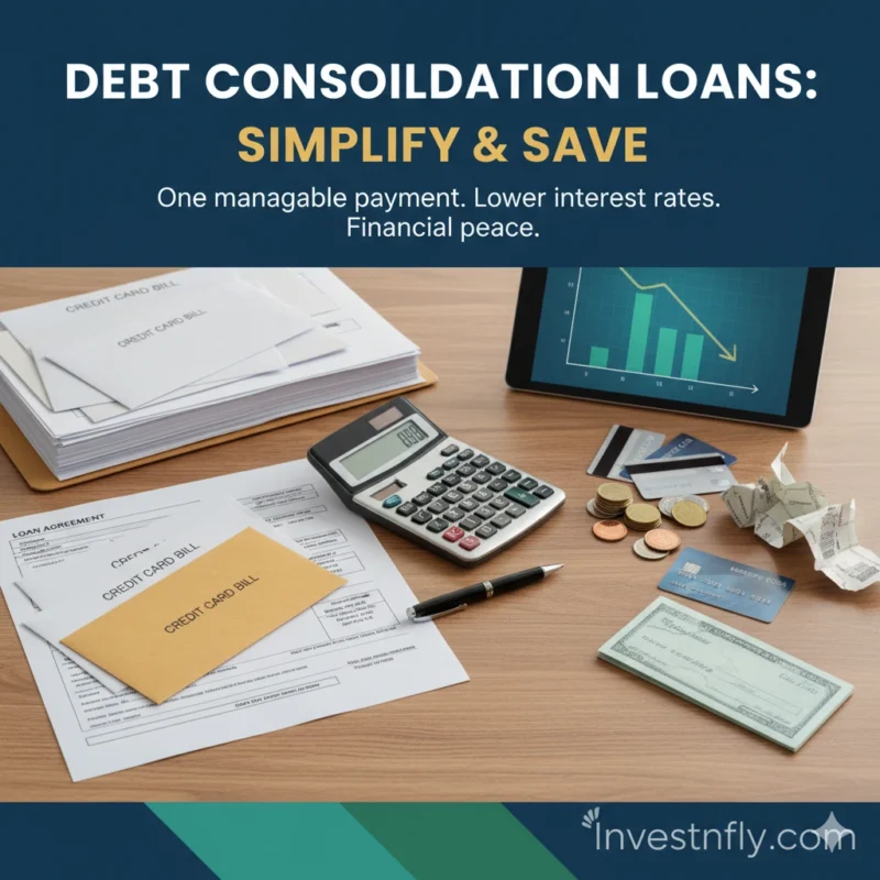 Professional banner with documents, calculator, and credit card bills representing BHG Financial debt consolidation loan