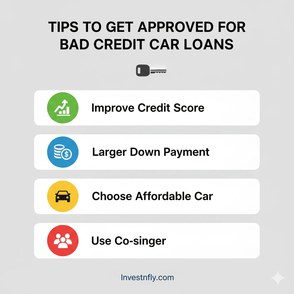 A professional infographic comparing advantages and disadvantages of bad credit car loans, including benefits and risks for borrowers.