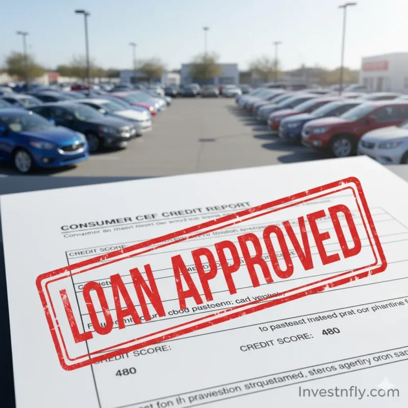 Banner showing car dealership with credit report and loan approval stamp for bad credit car loans