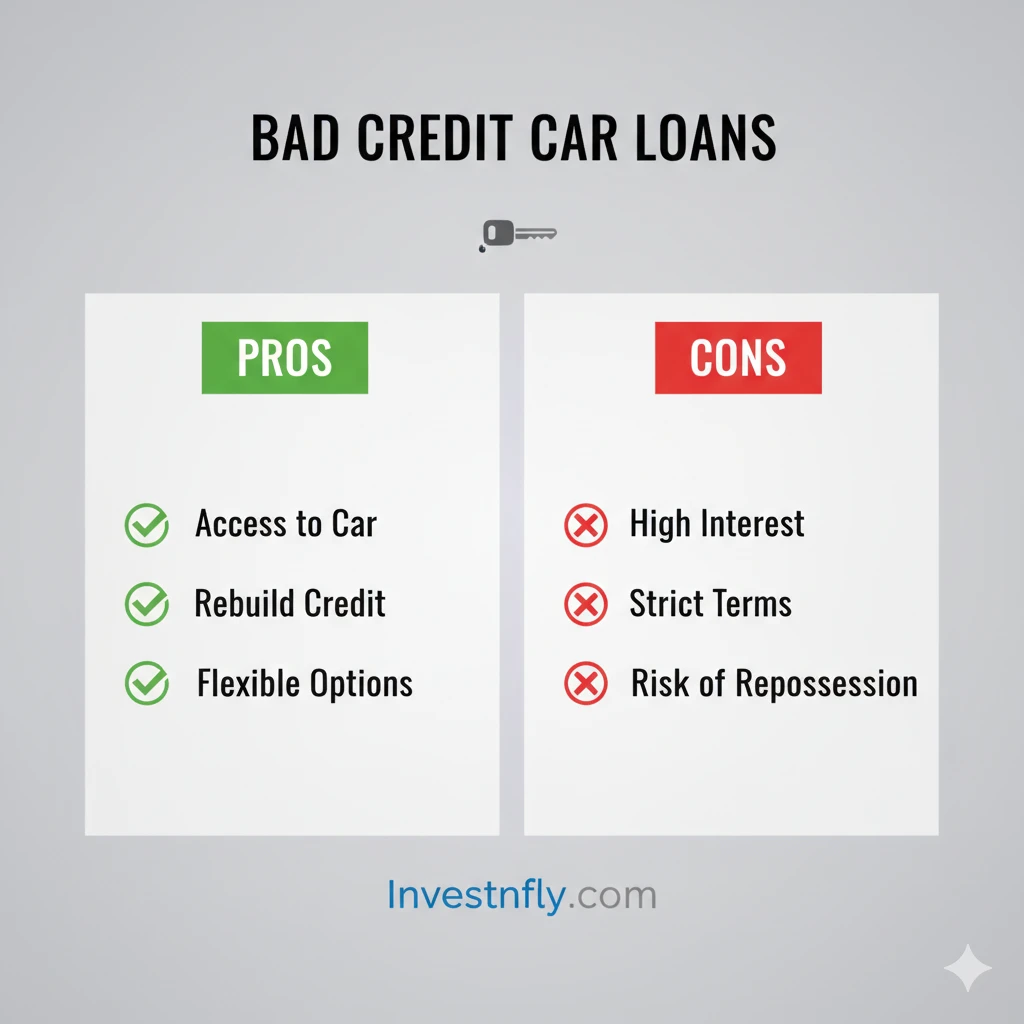 Infographic chart showing pros and cons of bad credit car loans
