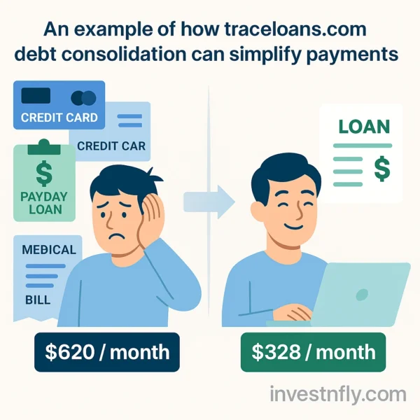 Side-by-side infographic comparing multiple debts ($620/month) with one consolidated loan ($328/month) using traceloans.com debt consolidation.