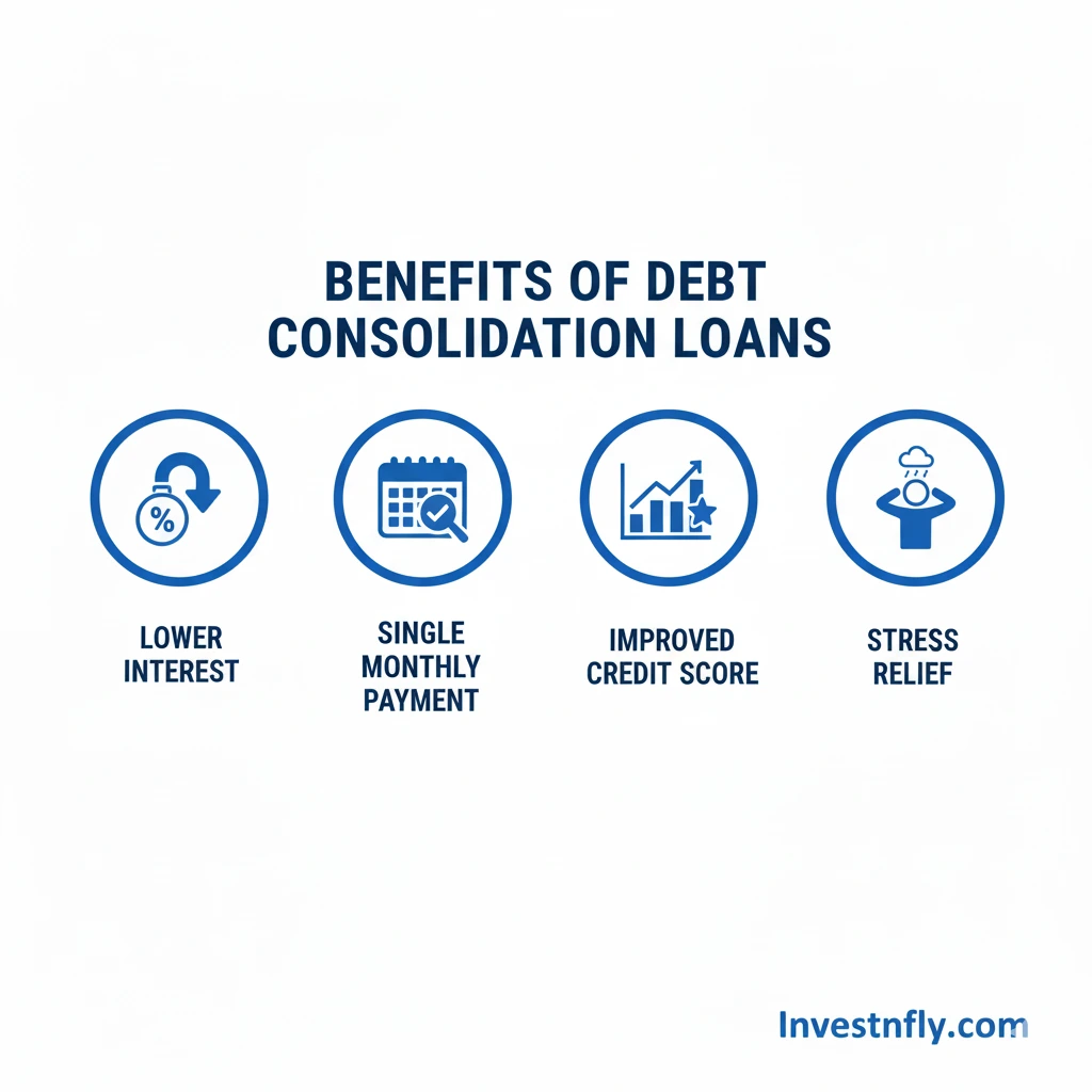 Infographic with icons showing key benefits of BHG Financial debt consolidation loans