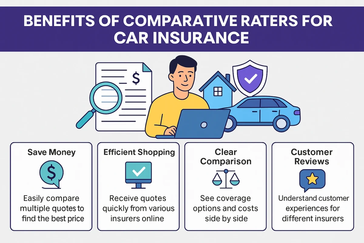 Icons showing benefits of comparative raters auto insurance: save time, save money, easy comparisons, confidence