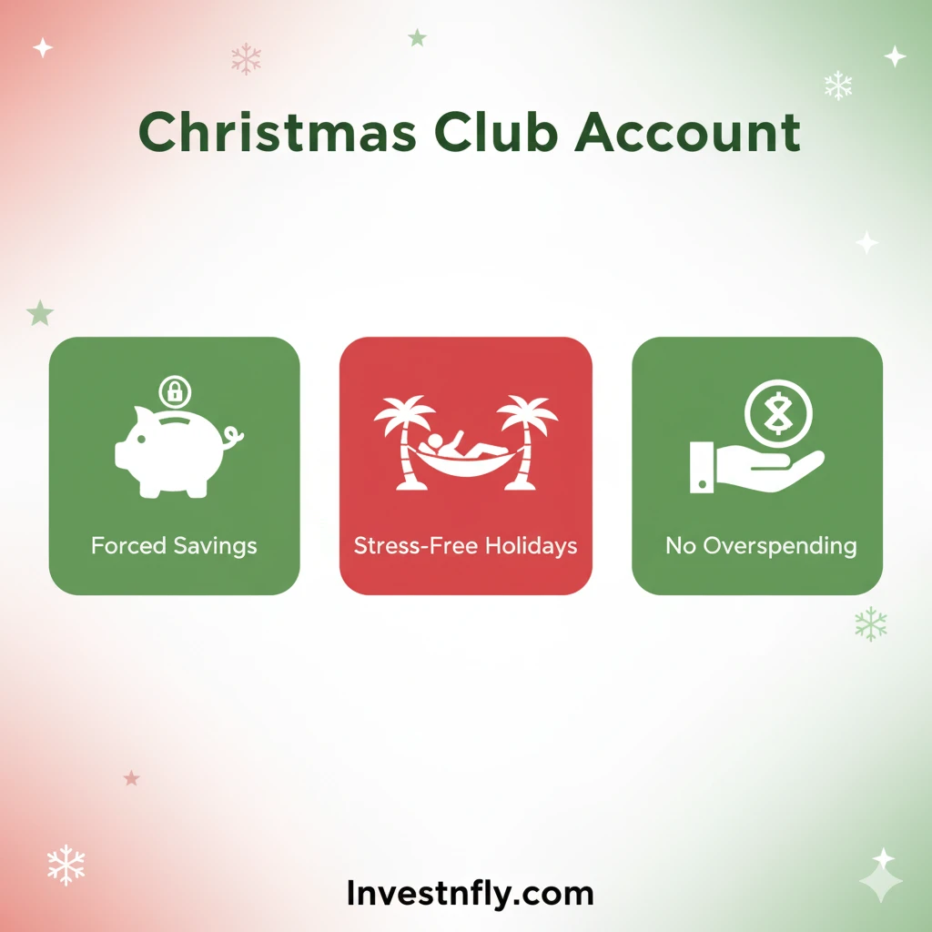 Infographic with Christmas themed icons showing benefits of Christmas Club Account