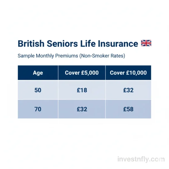Infographic showing sample monthly premiums for British Seniors Life Insurance by age
