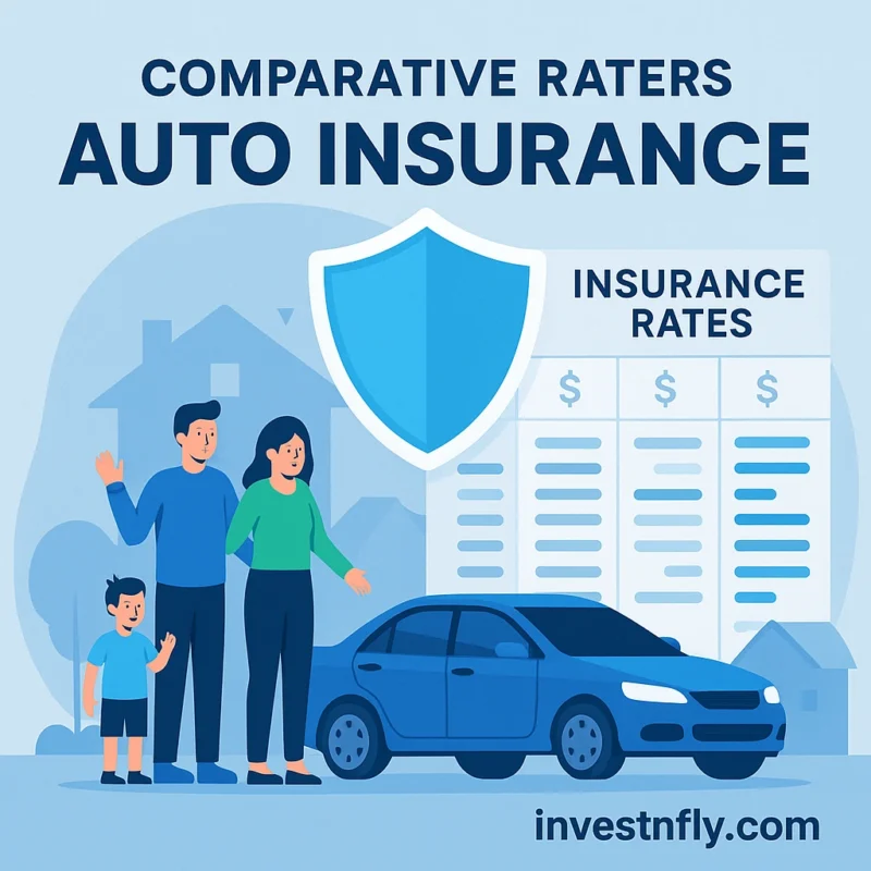 Digital banner showing car, family, and home under insurance shield with rate comparison chart.