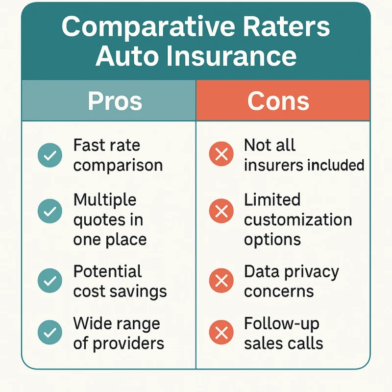 Pros and cons chart for comparative raters auto insurance showing benefits and limitations