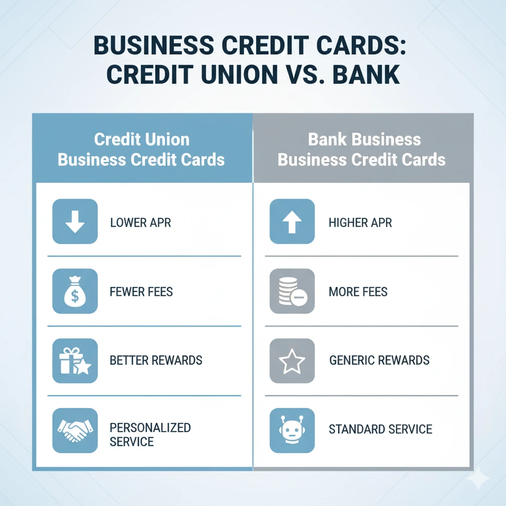Comparison chart of credit union business credit cards vs bank business credit cards.