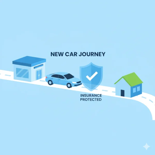 Illustration of a car driving from dealership to home with insurance shield, representing driveaway insurance in USA
