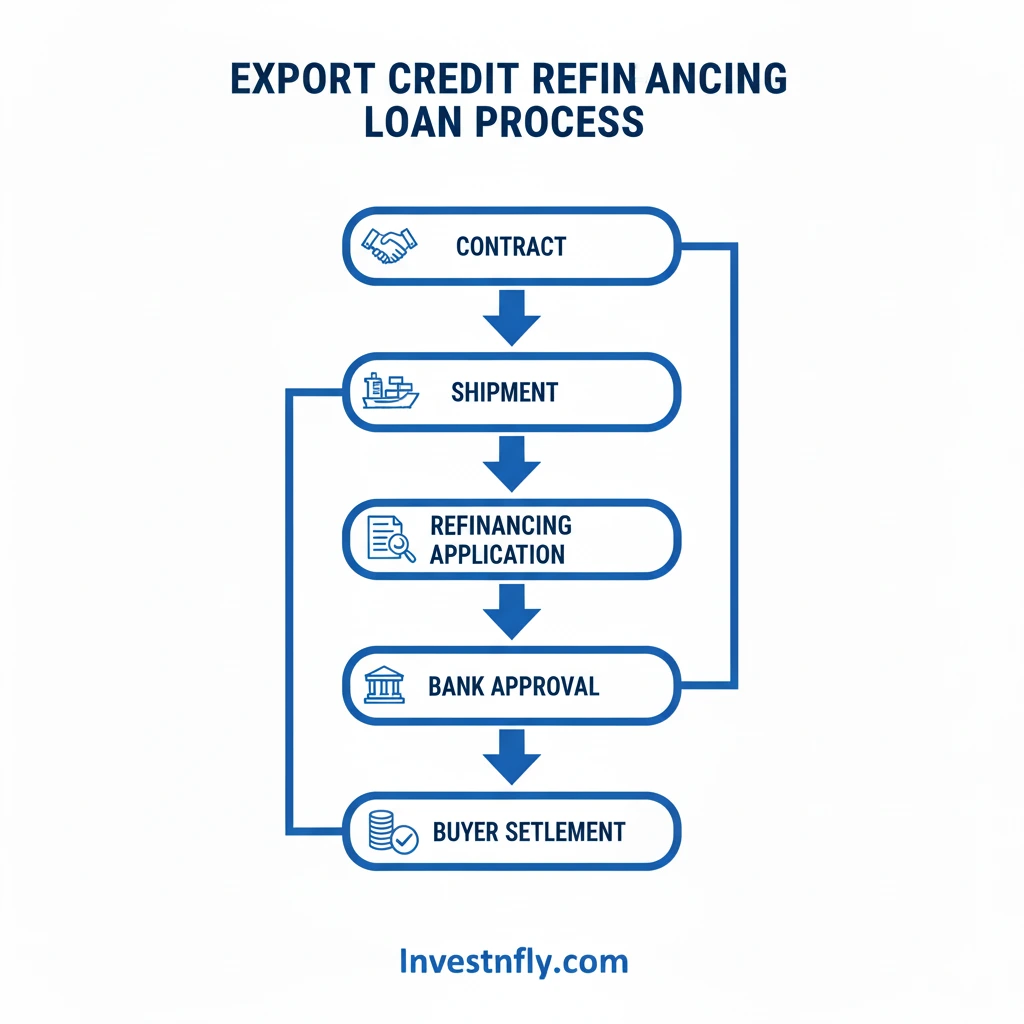 Infographic showing export credit refinancing process from contract to final settlement with Investnfly.com watermark