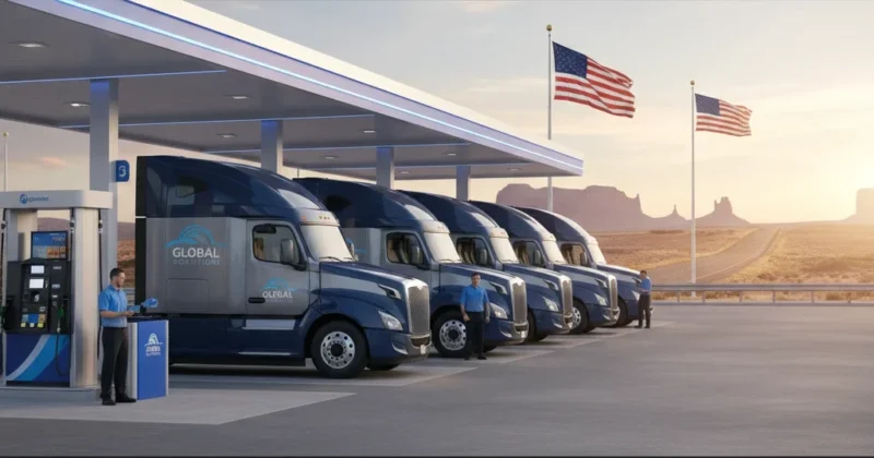 Business trucks at gas station using fuel card with no credit check in the USA