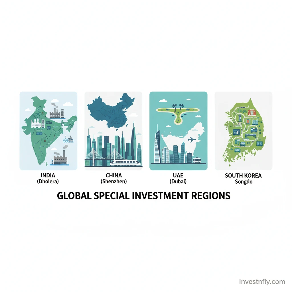 Global Special Investment Regions map highlighting India Dholera, Shenzhen, Dubai, Songdo