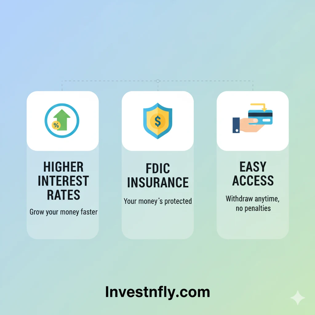 Infographic showing Hi Yield savings benefits like high interest rates and FDIC security