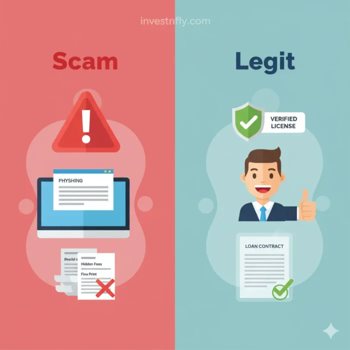 Comparison illustration showing risks of Traceloans.com scam vs features of legitimate lenders in 2025