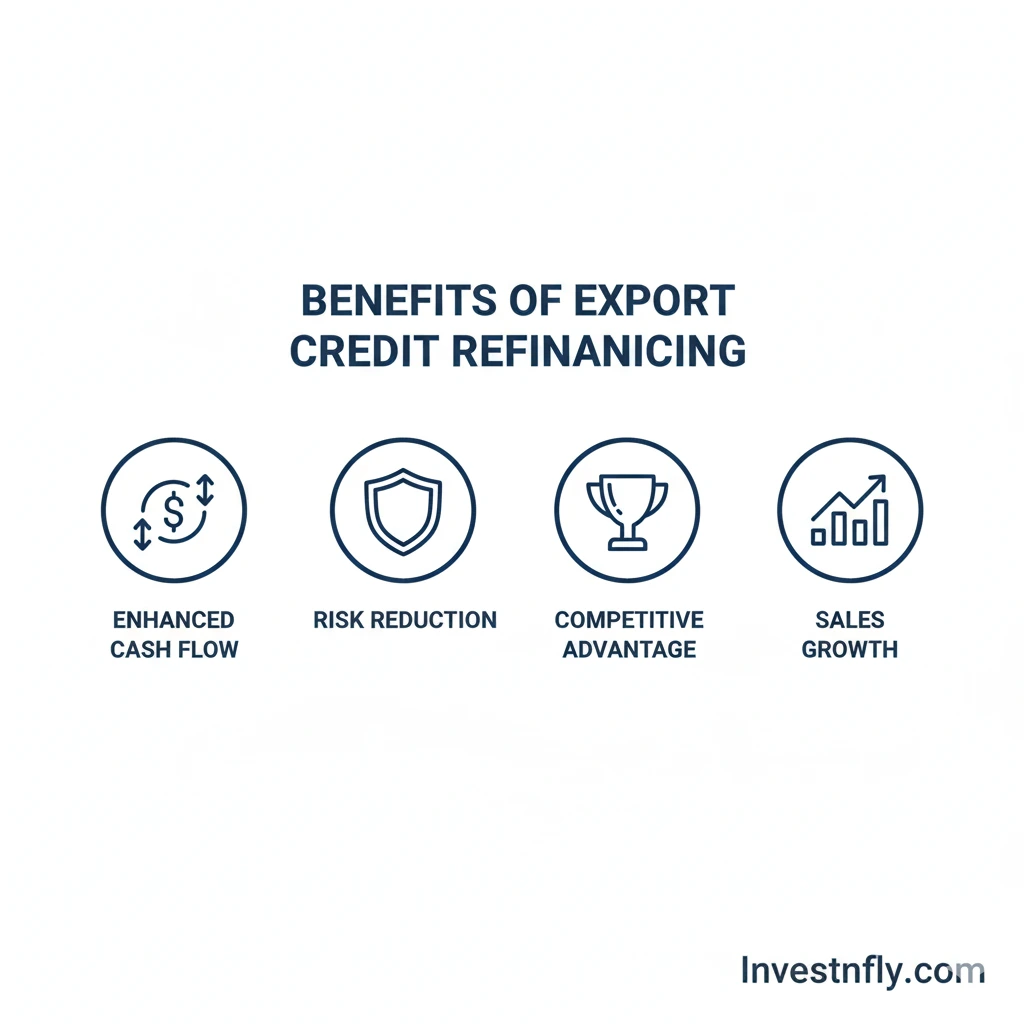 Infographic with icons for benefits of export credit refinancing including cash flow, risk reduction, competitive edge, and sales growth with Investnfly.com watermark