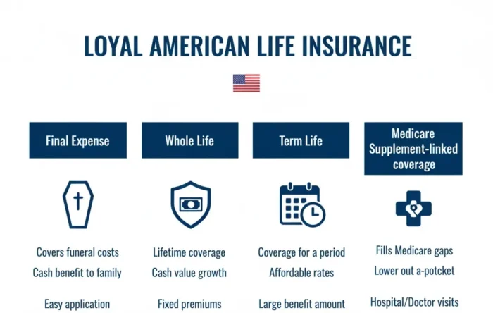 Infographic showing different types of Loyal American Life Insurance policies with icons