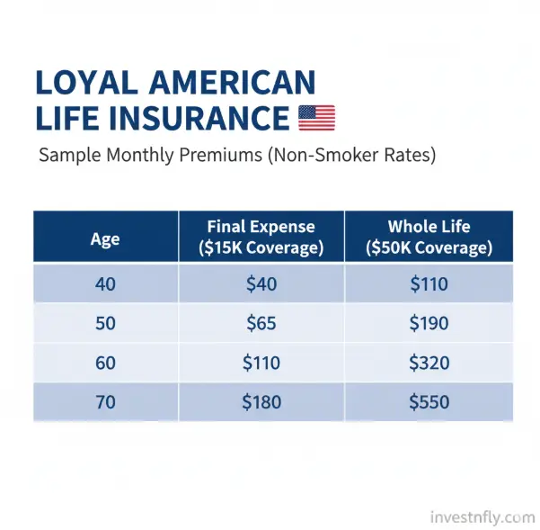 Infographic showing sample monthly premiums for Loyal American Life Insurance at different ages