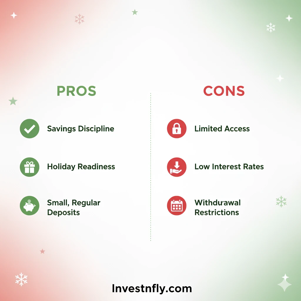 Two-column infographic showing pros and cons of Christmas Club Account