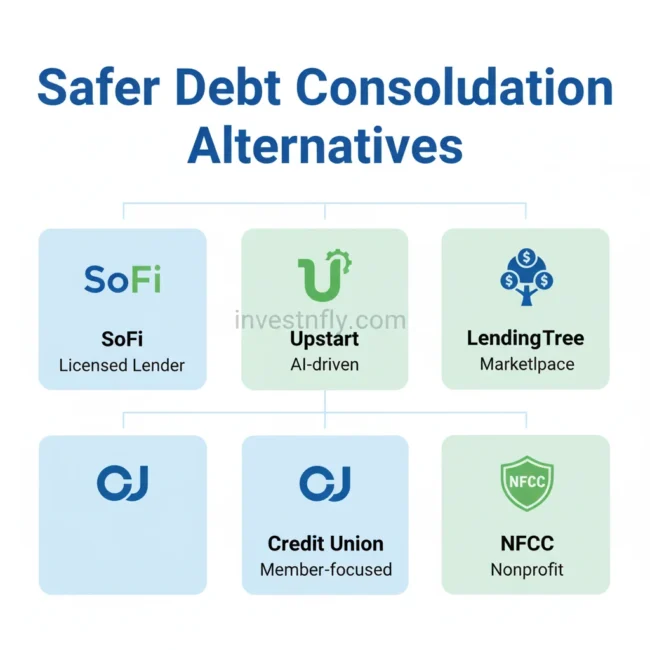 Infographic showing safer alternatives to traceloans.com debt consolidation, including SoFi, Upstart, LendingTree, credit unions, and NFCC nonprofits.