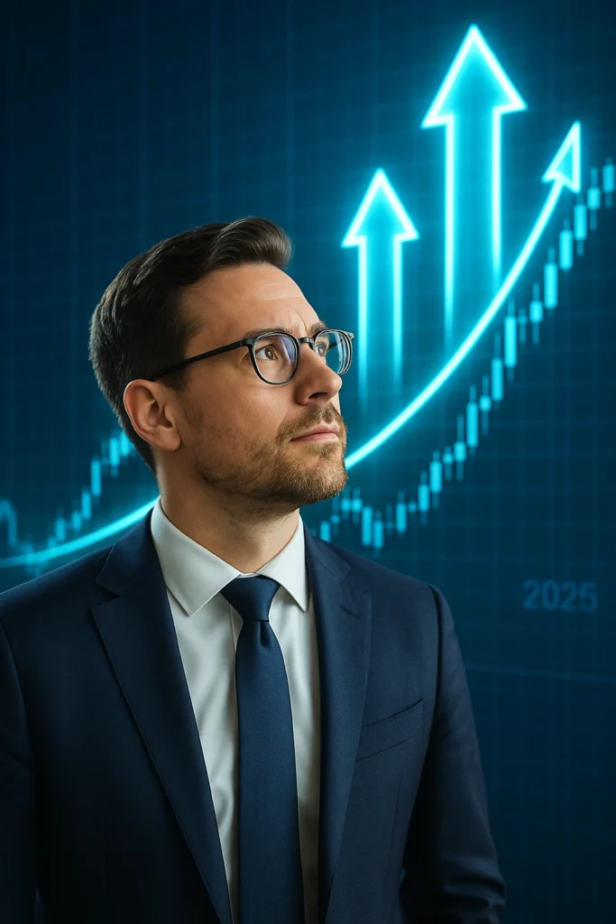 Investor looking at a digital stock market chart with upward growth arrows in 2025