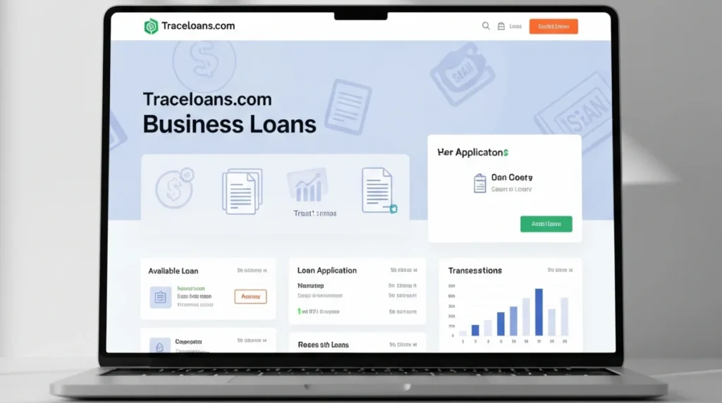 Traceloans.com Business Loans homepage with modern finance dashboard