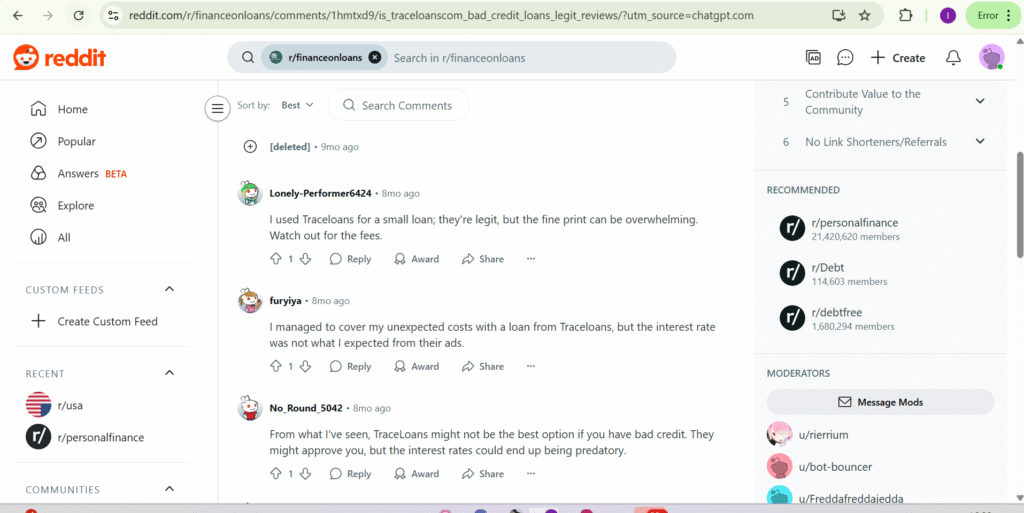 Screenshot of a Reddit user review discussing traceloans.com debt consolidation, mentioning high interest rates and lack of transparency.