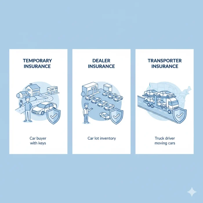 Infographic comparing temporary, dealer, and transporter driveaway insurance options in USA