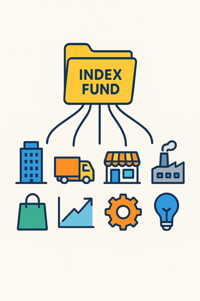 Visual explanation of an index fund showing a basket connected to multiple companies