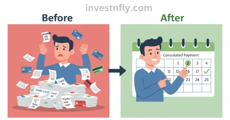 Infographic showing how traceloans.com debt consolidation helps borrowers combine multiple debts into one simple monthly payment in 2025.