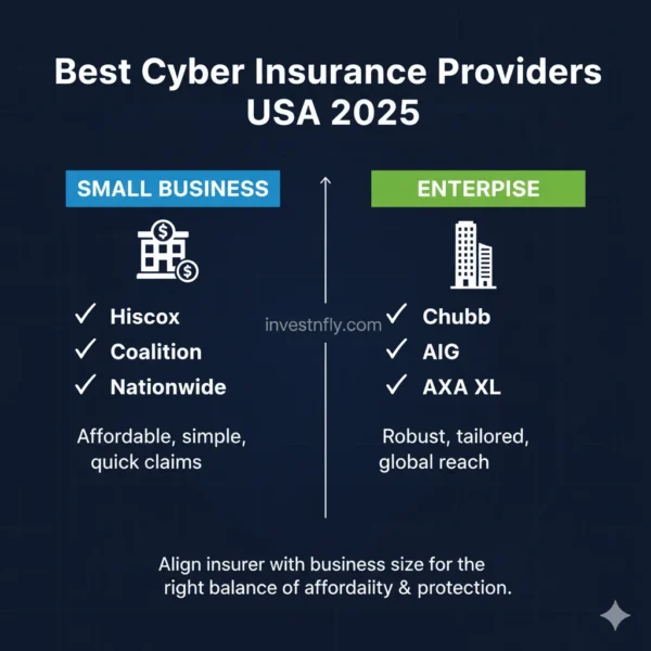 Infographic comparing best small business cyber insurance providers 2025 (Hiscox, Coalition, Nationwide) vs best enterprise cyber insurance providers (Chubb, AIG, AXA XL)