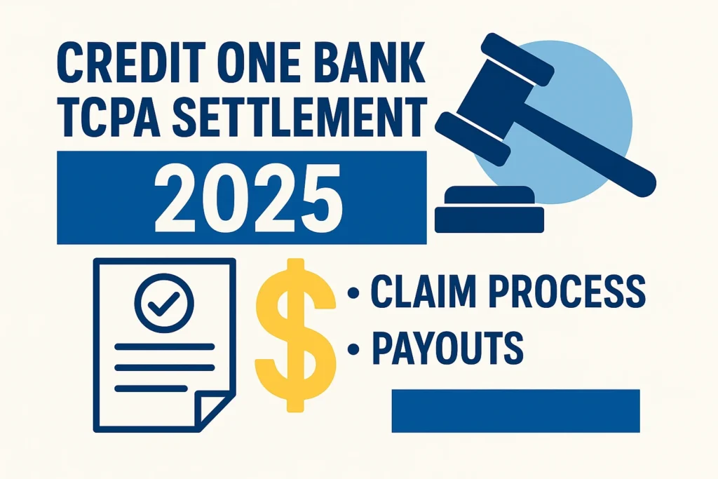 Credit One Bank TCPA Settlement 2025 hero image with gavel, claim form, and payout icons.