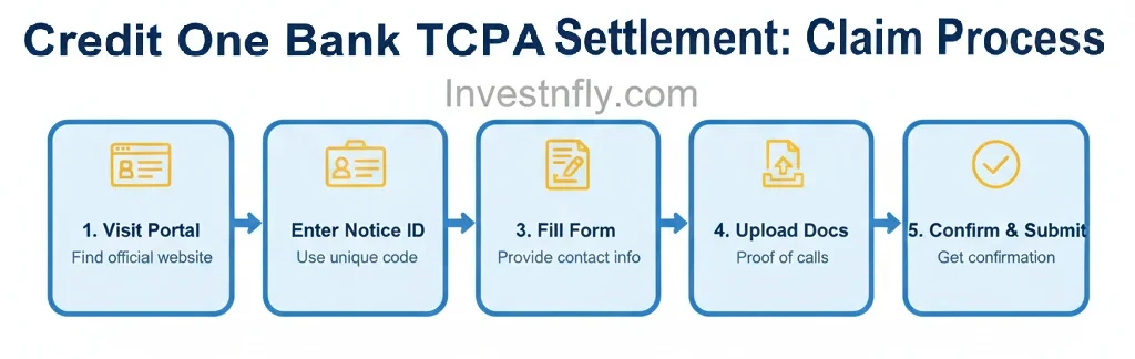 Credit One Bank TCPA Settlement infographic showing step-by-step claim process with icons for portal, claim ID, form, upload, and confirmation.