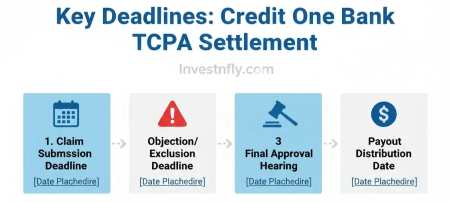Credit One Bank TCPA Settlement infographic showing claim deadline, objection deadline, final approval hearing, and payout distribution date.