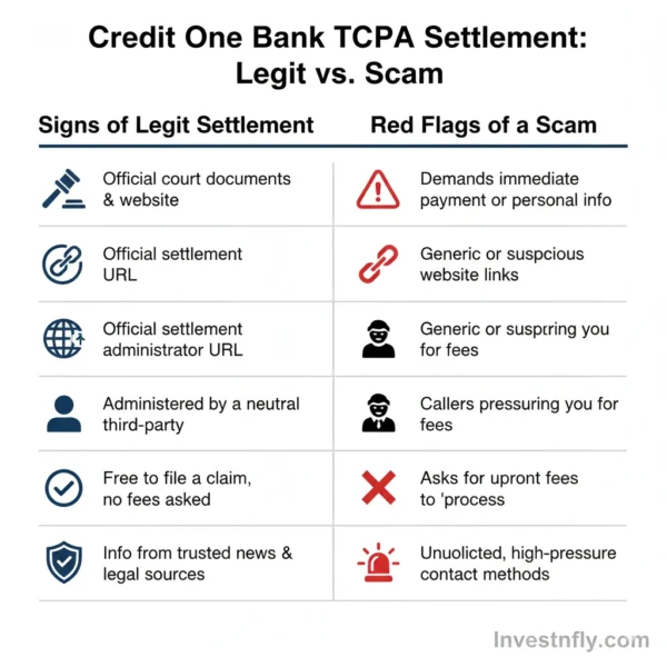 Legit vs Scam comparison table for Credit One Bank TCPA Settlement showing signs of a legitimate settlement and red flags to watch for