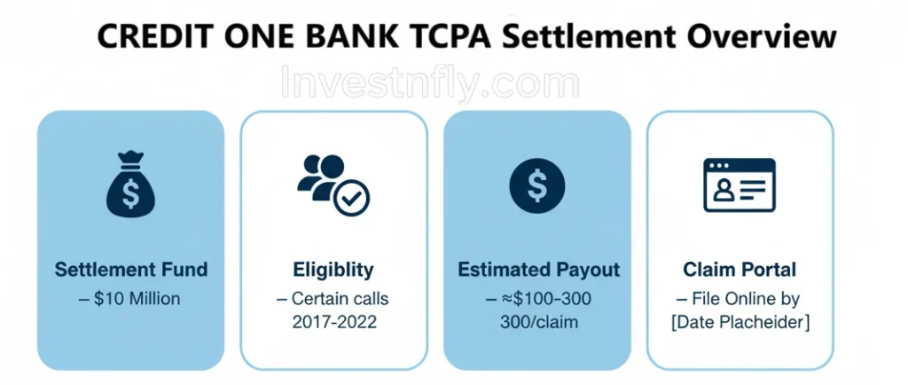 Credit One Bank TCPA Settlement overview infographic showing settlement fund, eligibility, estimated payout, and claim portal. 