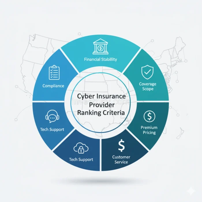 Infographic wheel showing six criteria to rank best cyber insurance providers USA 2025: financial stability, coverage scope, premium pricing, customer service, tech support, compliance