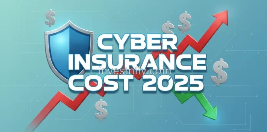 Hero banner showing cyber insurance cost 2025 with shield, dollar signs, and premium trend arrows – Investnfly.com