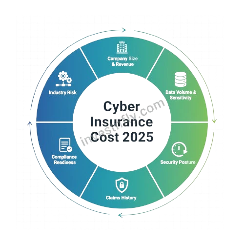 Circular infographic showing six pricing factors influencing cyber insurance cost 2025: company size, data sensitivity, security posture, claims history, compliance readiness, and industry risk – Investnfly.com