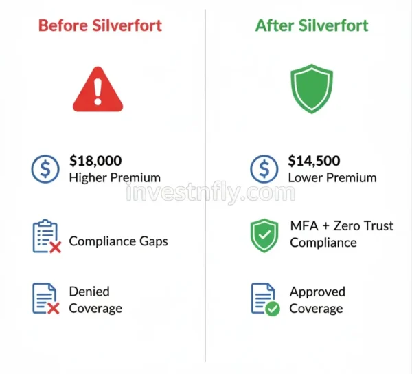 Case study infographic showing before and after Silverfort adoption for cyber insurance coverage with lower premiums and compliance improvements.