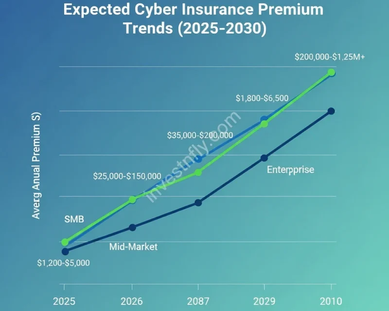 Line chart infographic showing expected cyber insurance premium trends from 2025 to 2030 for SMB, mid-market, and enterprise businesses – Investnfly.com