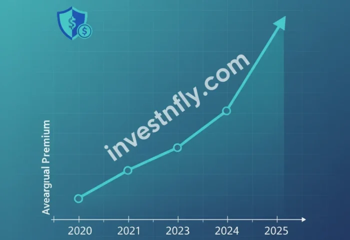 Line chart infographic showing cyber insurance premiums rising from 2020 to 2025 with shield and dollar icons – Investnfly.com