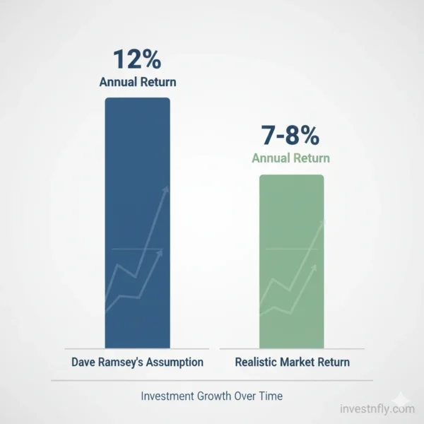 Infographic comparing Dave Ramsey’s 12% investment return assumption with realistic 7–8% average market returns.