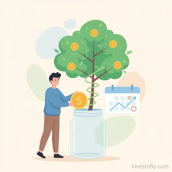 Illustration of a young investor placing coins into a jar that grows into a money tree, symbolizing compound growth with the Dave Ramsey Investment Calculator