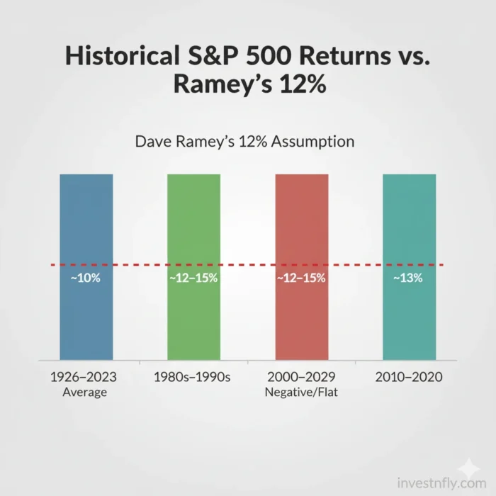 Infographic showing historical U.S. stock market returns across different decades compared to Dave Ramsey’s 12% investment return assumption.