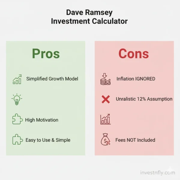 Infographic showing the pros and cons of the Dave Ramsey Investment Calculator, highlighting simplicity, motivation, and growth potential on one side, and limitations like 12% assumption, no inflation, and no fees on the other side.