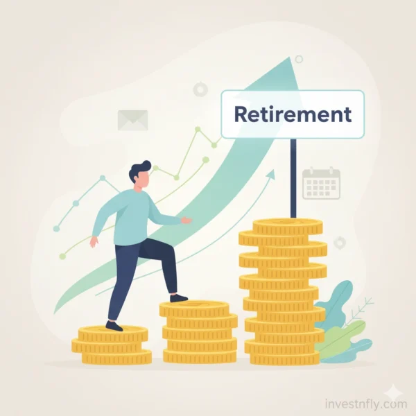 Motivational illustration of a person climbing stairs made of coins toward a retirement goal, symbolizing consistent investing with the Dave Ramsey Investment Calculator.