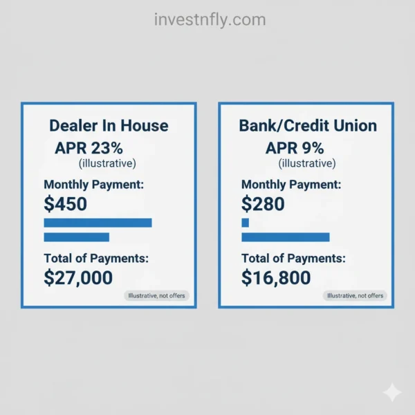Dealer in house financing versus bank or credit union—example APR, monthly payment, and total of payments