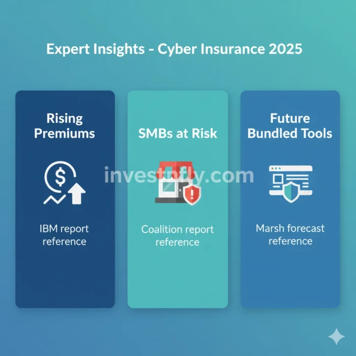 Infographic showing expert insights on cyber insurance 2025: rising premiums from IBM data, SMB ransomware risks from Coalition, and future bundled tools predicted by Marsh